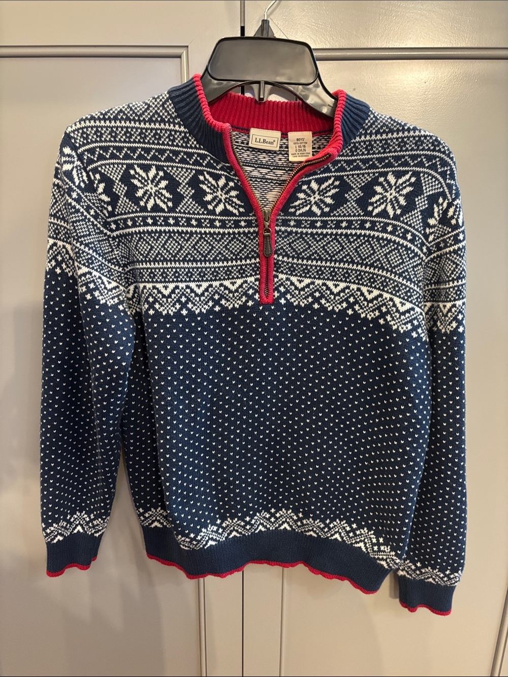L.L. Bean Navy Fair Isle Quarter-Zip Sweater with White Pattern and Red Trim